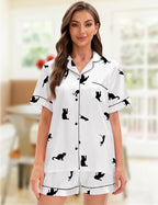 EPLAZA Silk Pajamas for Women Satin Pajamas Set 5 Pcs Long Sleeve Print Pattern Button Down Pjs Sleepwear Loungewear Set