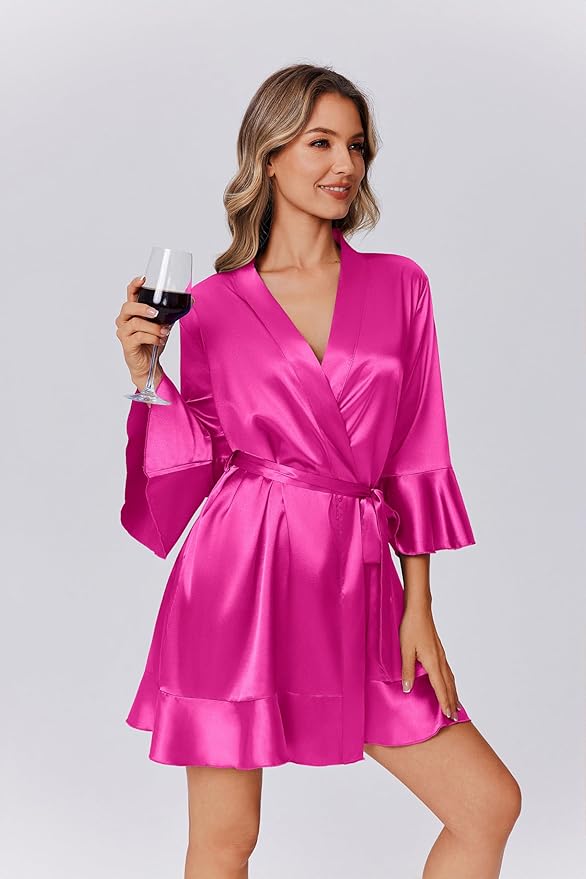 Ekouaer Women's Satin Robe Short Ruffle Hem Silky Robes Lightweight Kimono Brides Bathrobes Sleepwear XS-XXL