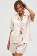 CHYRII Women's Silk Satin Pajamas Sets Tie Front Short Sleeve Tops and Shorts Two Piece Pj Sets Sleepwear