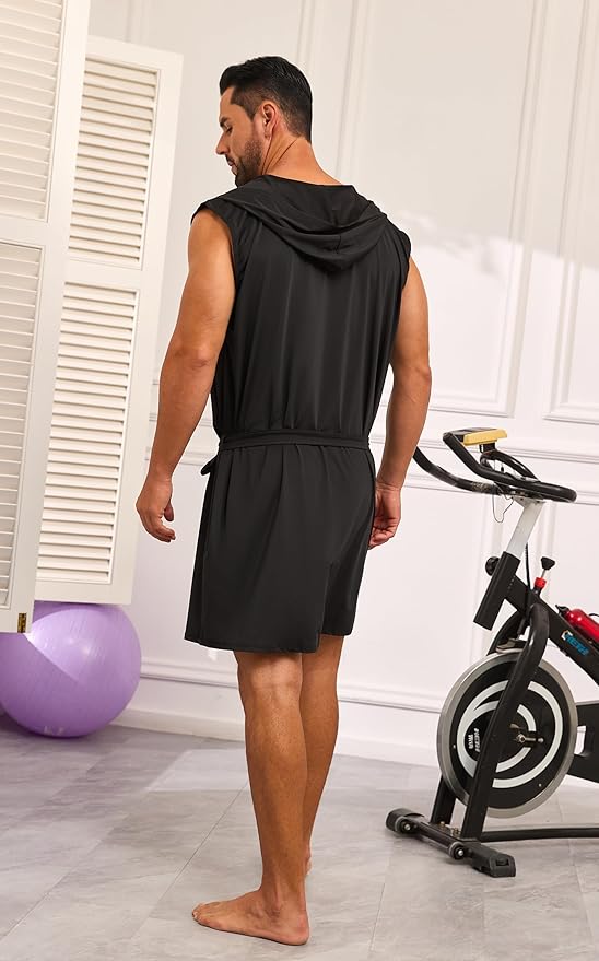 VintageClothing Men's Summer Robe with Hooded Lightweight Bathrobe House Kimono Sleeveless Sexy Sleepwear Pajamas