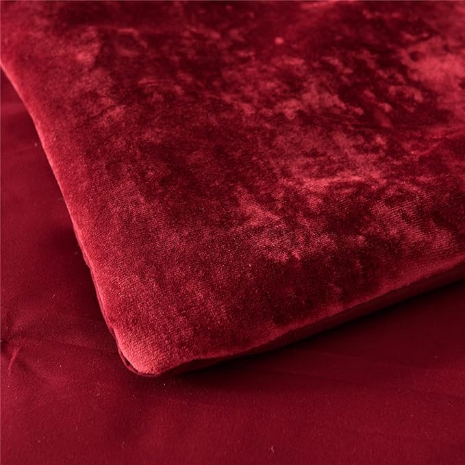 Fredsure Distressed Velvet Comforter Set, 5 Pieces Burgundy Red Queen, Distressed Velvet Face and Brushed Microfiber Reverse