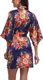 Women's Floral Satin Robes Bride Bridesmaid Getting Ready Robe Short Silky Kimono Sleepwear for Wedding Party