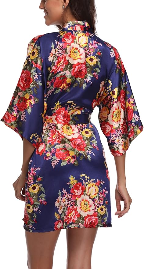 Women's Floral Satin Robes Bride Bridesmaid Getting Ready Robe Short Silky Kimono Sleepwear for Wedding Party