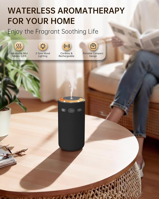 Waterless Essential Oil Diffuser,Portable Car Diffuser Rechargeable-Cordless Scent Air Machine with Fabric Design,Adjustable Mist & Ambient Light for Home, Office,Travel(Black)