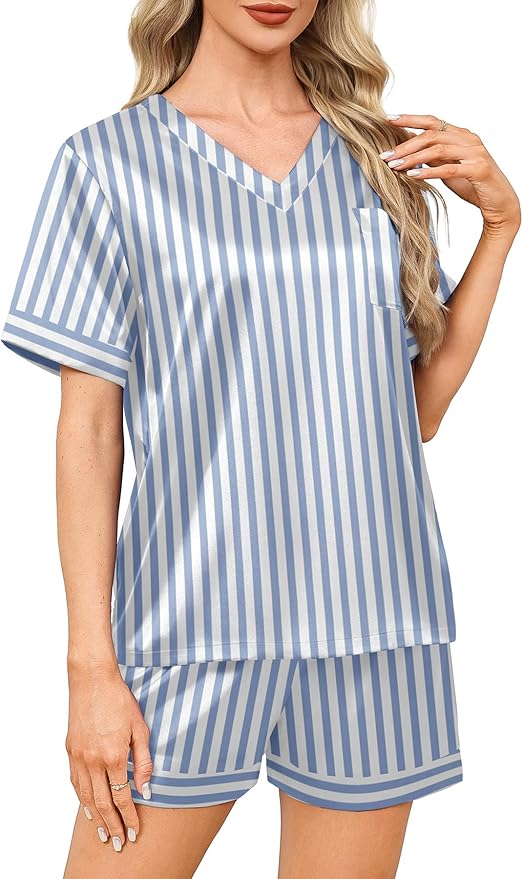 WIHOLL Silk Pajamas for Women Short Sleeve Sleepwear Soft Lounge Sets 2 Piece Satin Pjs
