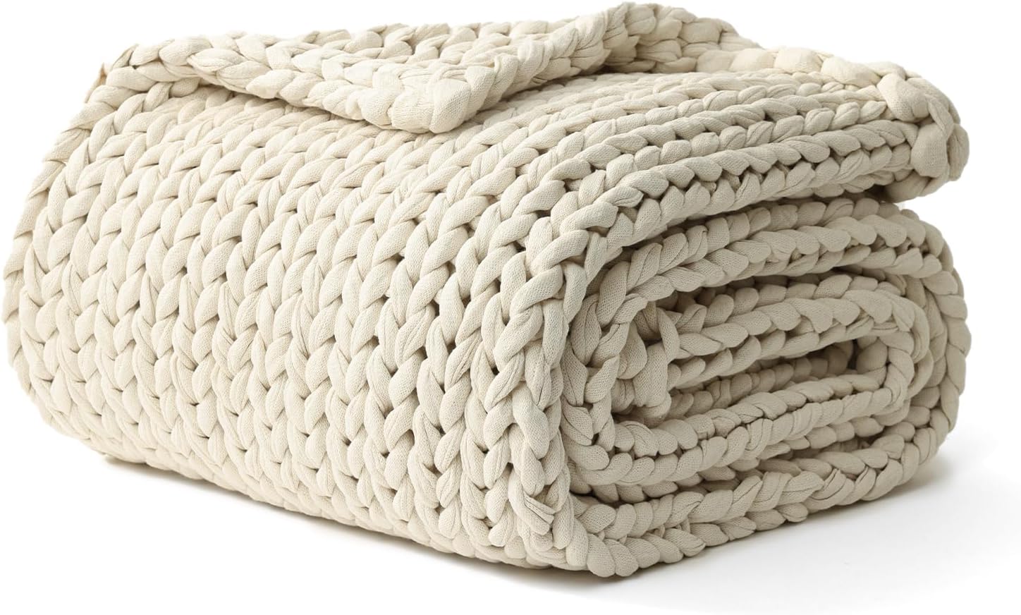YnM Cotton Weighted Blanket, Handmade Chunky Knitted Design, Soft and Cozy, Temperature Regulating and Breathable, Machine Washable Throw for Sleep or Home Decor (Cream White, 48x72 Inch, 20lbs)