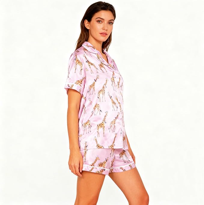 ASTANFY Silk Satin Pajama Set Womens Silk Satin 2 Piece Pjs Shorts Sleepwear Christmas Button Down Shirt Bride Pj Lounge Sets