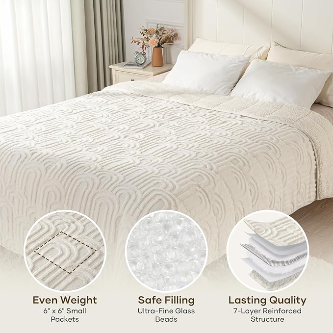Cottonblue Jacquard Weighted Blanket for Adults 15 lbs Twin Size, Soft Fluffy Sherpa Fleece Weighted Throw Blankets 60" x 80" for Sleep Relax, Fuzzy Warm Arch Heavy Blanket for Bed Couch, Cream White