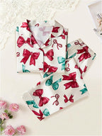 WDIRARA Women's 2 Piece Bowknot Print Satin Pajama Set Long Sleeve Button Down Lounge Pants Sleepwear Sets