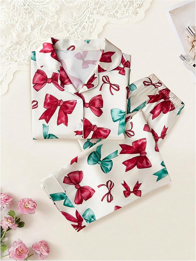 WDIRARA Women's 2 Piece Bowknot Print Satin Pajama Set Long Sleeve Button Down Lounge Pants Sleepwear Sets