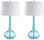 JONATHAN Y 28.5" Aqua Glass Teardrop LED Table Lamp Set of 2 for Living Room Bedroom Nightstand, White Linen Shade Modern Transitional Bedside Desk Lamp (JYL1079B-SET2)