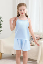 Weixinbuy Girls Pajamas Silk PJS Set Sleeveless Pajama Tank Elastic Waist Shorts Sleepwear Kids Summer Nightwear Clothes Set
