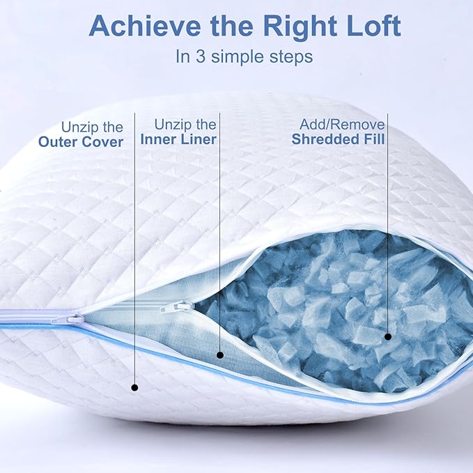 Shredded Memory Foam Pillows for Sleeping 2 Pack - Cooling Bed Pillows Queen Size Set of 2 - Firm Pillow for Side and Back Sleepers Adjustable Gel Pillow with Removable Cover