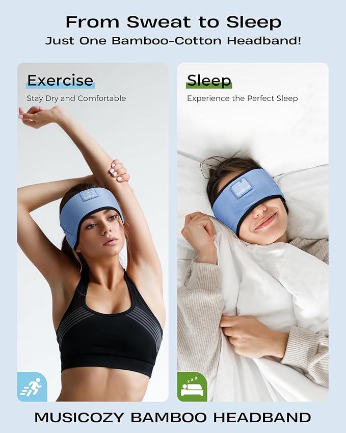 MUSICOZY Sleep Headphones Soft Bamboo Cotton Headband Headphones for Sleeping, Sleep Headphone Wireless Bluetooth 5.4 with Ultra-Thin HD Stereo Speaker for Unique Gifts(Light Blue)