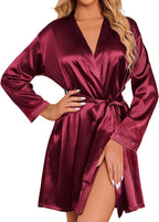 Ekouaer Women's Satin Robe Short Bridesmaid Bride Feather Bridal Robe Kimono Silky Long Sleeve Bathrobe S-XXL