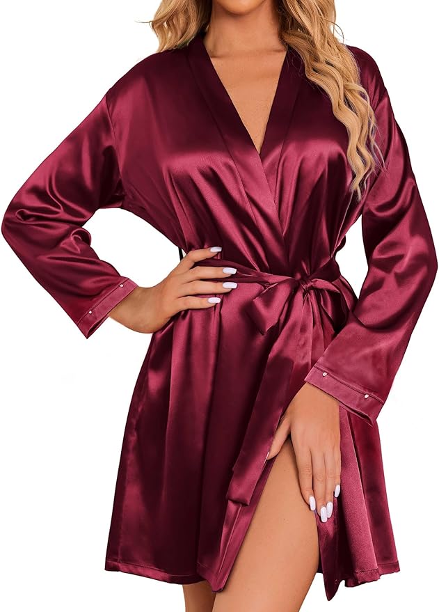 Ekouaer Women's Satin Robe Short Bridesmaid Bride Feather Bridal Robe Kimono Silky Long Sleeve Bathrobe S-XXL