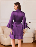 Ekouaer Women's Satin Robe Short Ruffle Hem Silky Robes Lightweight Kimono Brides Bathrobes Sleepwear XS-XXL