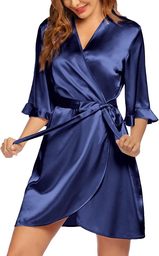 Ekouaer Women's Satin Robe Valentines Lingerie for Women Kimono Bathrobe Short Ruffle Belted Robes Bridesmaids Sleepwear