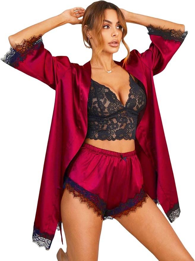 Womens Silk Pajamas Robes Set 4PACKS Sexy Pjs Cami Shorts Satin Sleepwear Lace Loungewear