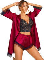 Womens Silk Pajamas Robes Set 4PACKS Sexy Pjs Cami Shorts Satin Sleepwear Lace Loungewear