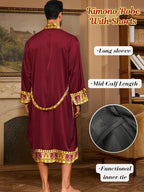 ChiaoLezhee Men's Luxury Silky Robe & Shorts Set, 2PC Lightweight Satin Pajamas with Pockets, Opulent Baroque Kimono Gifts