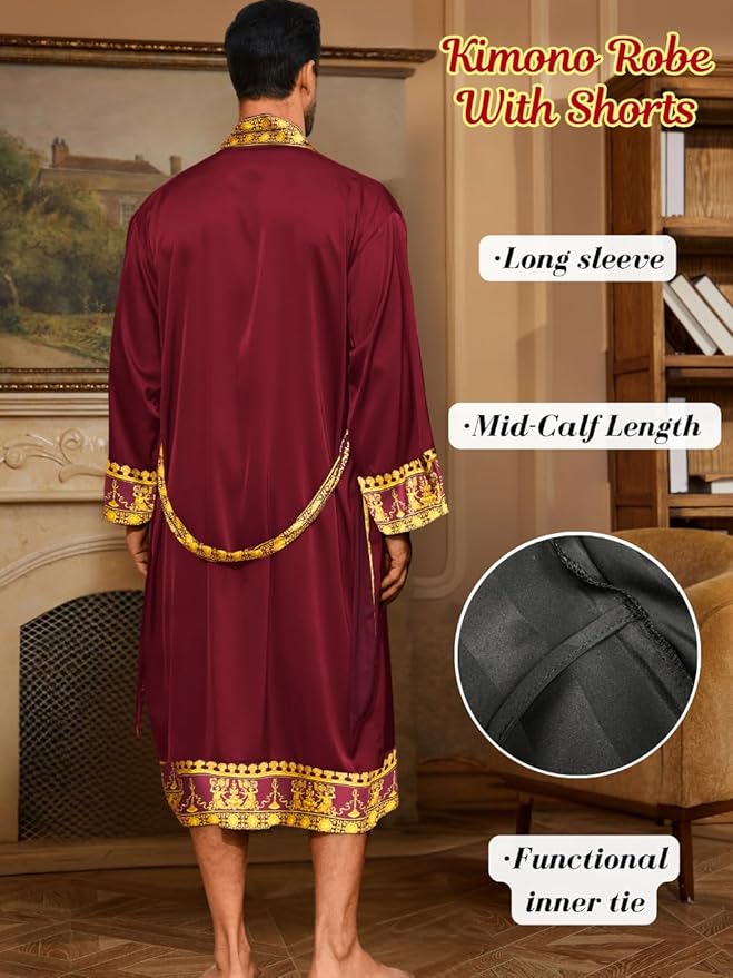ChiaoLezhee Men's Luxury Silky Robe & Shorts Set, 2PC Lightweight Satin Pajamas with Pockets, Opulent Baroque Kimono Gifts