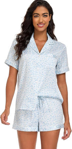 Serenedelicacy Women's Satin Pajama Set 2-Piece Sleepwear Loungewear Button Down Short Sleeve Silky PJ Set