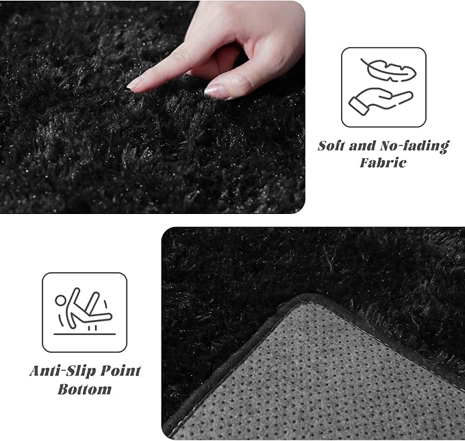 Black Rugs for Bedroom 9x12 ft Large - Ultra Soft Faux Fur Area Rug - Plush Non-Slip Shaggy Carpet for Living Room, Cozy Fluffy Rug for Kids Boys Girls Dorm Nursery Room, High Pile Floor Carpet