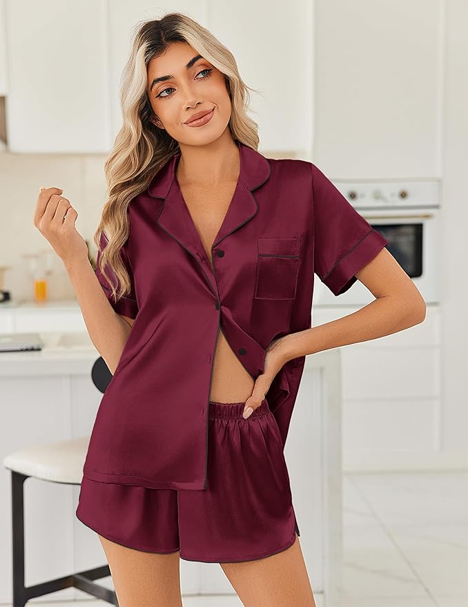 Ekouaer Womens Silk Satin Pajama Sets 2 Piece Button Down Silk Pjs Shorts Sets Cute Print Short Sleeve Sleepwear S-4XL