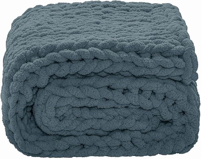 YAAPSU Chunky Knit Throw Blanket for Couch, 51"x63", 100% Hand Knitted Thick Cable Knit with Cozy Jumbo Chenille Yarn, Soft Large Rope Knot Crochet Blankets for Sofa Bed Living Room Décor, BlueSpruce