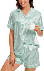 SWOMOG Womens Silk Satin Pajamas Set Short Sleeve Sleepwear Button Down Top and Shorts Loungewear 2 Piece Pjs Set XS-3XL