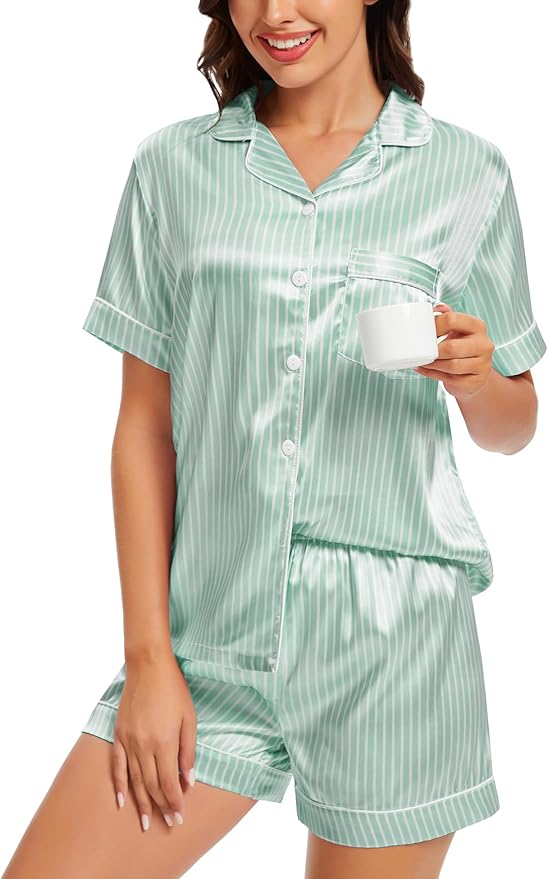 SWOMOG Womens Silk Satin Pajamas Set Short Sleeve Sleepwear Button Down Top and Shorts Loungewear 2 Piece Pjs Set XS-3XL