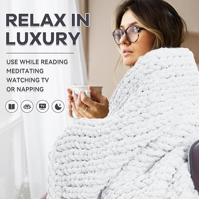 Chunky Knit Blanket - Luxury Soft Cozy 60 * 80 Throw Blanket,100% Woven Blanket Rope Knot Throw Blanket for Couch, Sofa, Home Decor, Gift - Machine Washable (White, 60 * 80)