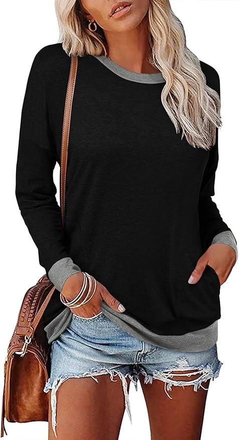Magritta Women's Long Sleeve Leopard Color Block Tunic Comfy Crewneck T Shirt Tops Black XL