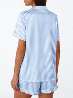 LILLUSORY Womens Satin Silk Pajamas Set 2 Piece Ruffle Pjs Winter Matching Lounge Sleepwear Button Down Striped Shirt Shorts