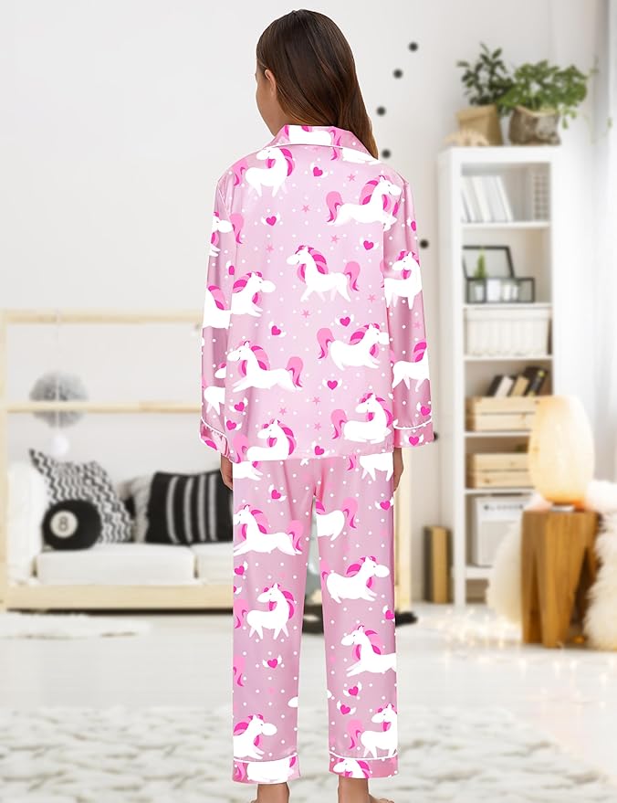 EPLAZA Kids Satin Pajamas Sets Girls Boys Button-Down Silky Pajamas Sleepwear with Hairband Eye Mask Hair Tie
