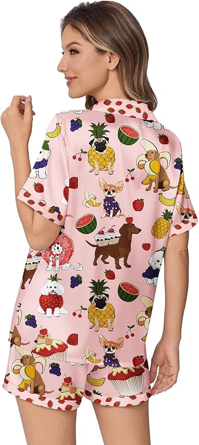 Ekouaer Womens Silk Satin Pajamas Set Animals Print Pjs Button Down Short Sleeve Lounge Set 2 Piece Sleepwear