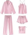 SAPJON Satin Silk Pajamas for Women Set 5PCS Classic Button Down Pajamas Top and Pants Cami and Ruffle Shorts Sleepwear