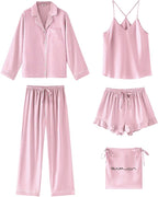 SAPJON Satin Silk Pajamas for Women Set 5PCS Classic Button Down Pajamas Top and Pants Cami and Ruffle Shorts Sleepwear