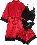 WDIRARA Women' Silk Satin Pajamas Set 4pcs Lingerie Floral Lace Cami Sleepwear with Robe