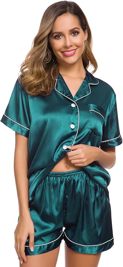 SWOMOG Womens Silk Satin Pajamas Set Short Sleeve Sleepwear Button Down Top and Shorts Loungewear 2 Piece Pjs Set XS-3XL