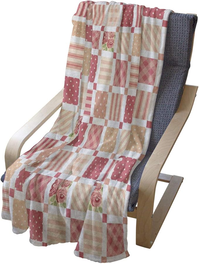 Lunarable Dusty Rose Throw Blanket, Patchwork Inspired with Different Patterned Squares Shabby Form Style, Flannel Fleece Accent Piece Soft Couch Cover for Adults, 70" x 90", Salmon Dark Coral