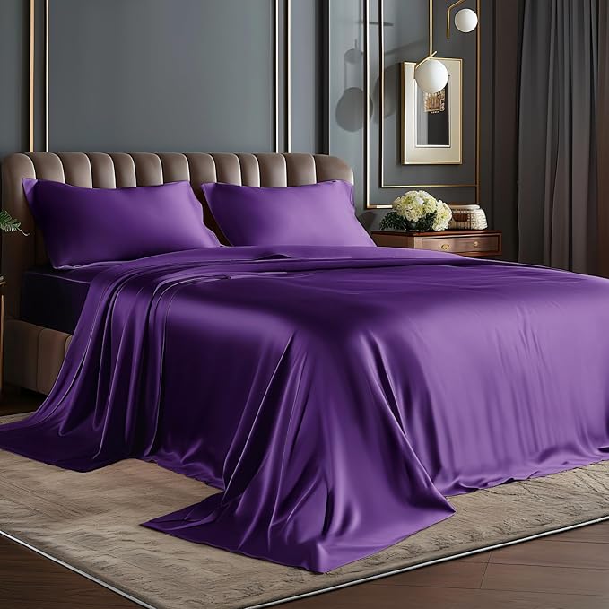 BEDELITE Satin Sheets Full Size Bed Set, Luxury Soft Plum Purple Sheets for Hair and Skin, Similar to Silk Bed Sheets Set 4 Pieces with 1 Deep Pocket Fitted Sheet, 1 Flat Sheet, and 2 Pillowcases