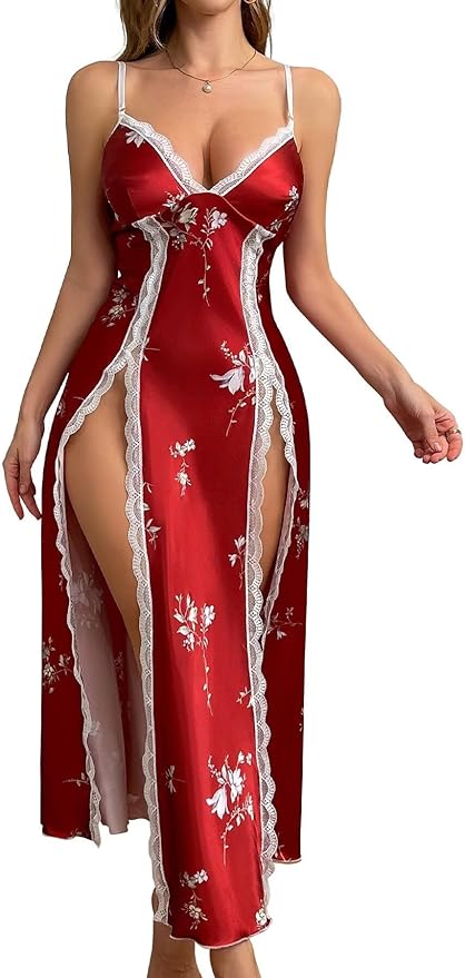 CRIPOM Lingerie Dress for Women V Neck Long Sexy Nightgowns for Women Side Split Sexy Night Gowns