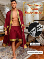 ChiaoLezhee Men's Luxury Silky Robe & Shorts Set, 2PC Lightweight Satin Pajamas with Pockets, Opulent Baroque Kimono Gifts