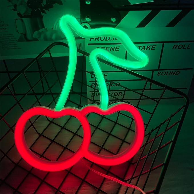 ENUOLI Cherry Light Neon Signs,Fruit Decorative Art Cherry Neon Lights for Wall Decor LED Signs for Bedroom,USB or Battery LED Light Up Signs for Christmas,Birthday,Wedding Party,Kids Room,Home Decor(Cherry)