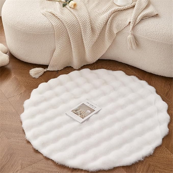 ABREEZE Faux Rabbit Fur Rug 4FT, White Fluffy Soft Area Rug Round Fuzzy Carpet for Living Room, Bedroom, Machine Washable Shaggy Nursery Rug