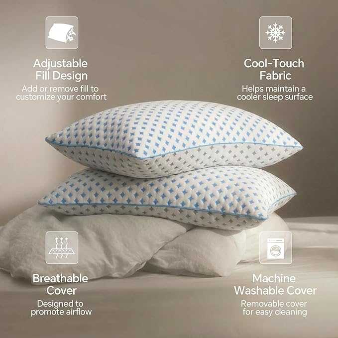 Pillows Queen Size Set of 2 for Sleeping, Cooling Adjustable Memory Foam Pillows, Dual Fill Design Helps Maintain Shape, Breathable Washable Cover