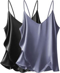 Ekouaer Women's 2 Pcs Satin Camisole Silky Pajama Tank Tops V Neck Soft Spaghetti Strap Loose Basic Sleepwear