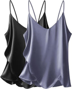 Ekouaer Women's 2 Pcs Satin Camisole Silky Pajama Tank Tops V Neck Soft Spaghetti Strap Loose Basic Sleepwear